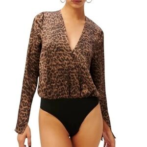 NWT Good American Wrap-effect Sepia Leopard-Print Satin Bodysuit 0